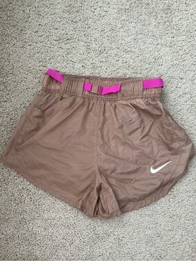 Nike Women's Brown Athletic Shorts with Pink Belt Accent